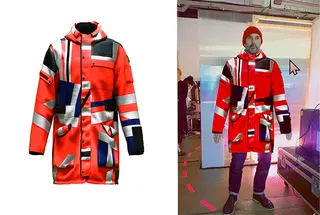 Man trying out virtual parka jacketin front of a backdrop in a store