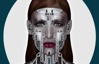 AI female robot face cyborg metal details d-id