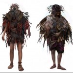 Concept art drawings of characters with draped outfits
