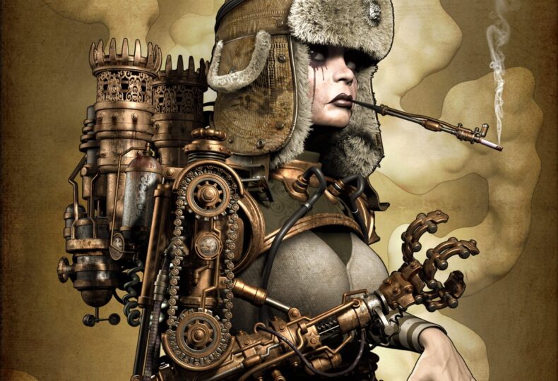 A 3d fashion character with a steampunk fashion style