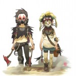 Drawing of two game characters holding an axe and wearing masks