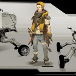 A drawing of a man and vehicles by Sergi Brosa