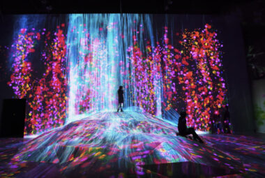 Environment with projection mapping and waterfall with people