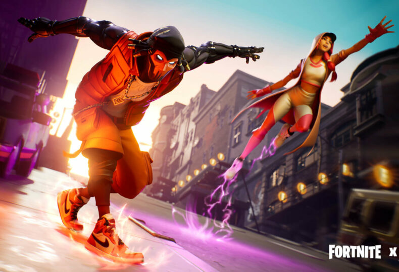game characters jumping on a street wearing neon outfits