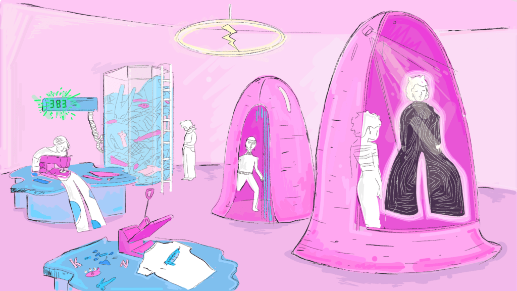 Illustration of a store with virtual experiences with digital fashion