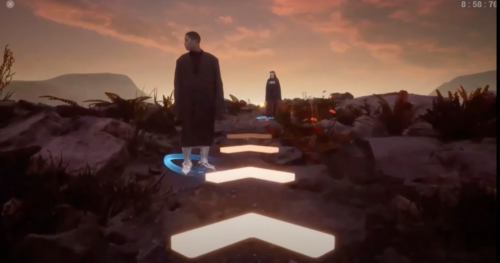 Game Character standing on a mountain with holographic arrows in front of him online catwalk