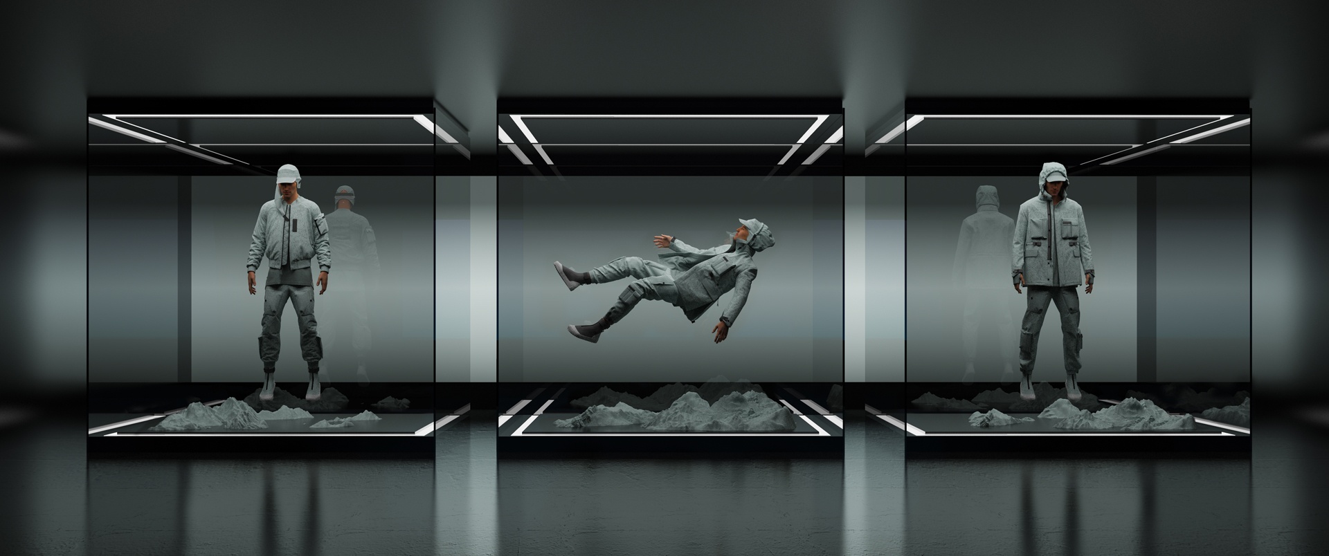 virtual fashion figures in glass cubes