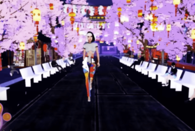 game avatar wearing virtual fashion walking down a street