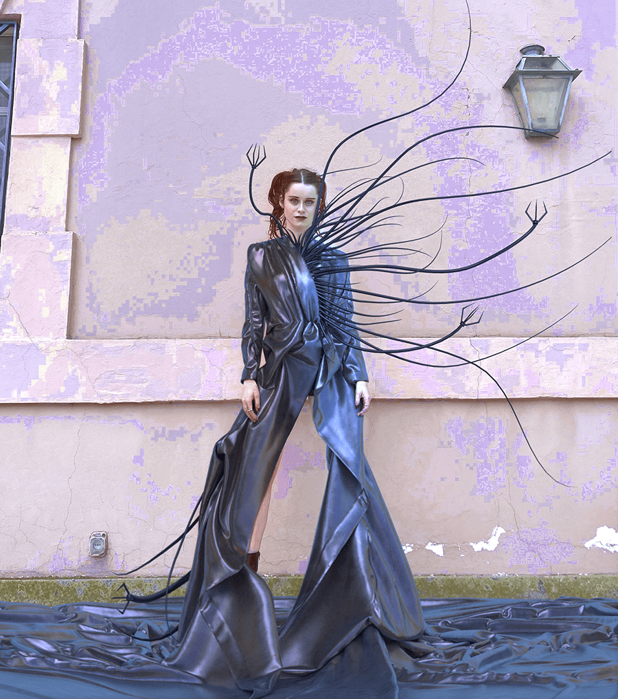 Metallic digital fashion outfit with tentacles Daniella Loftus