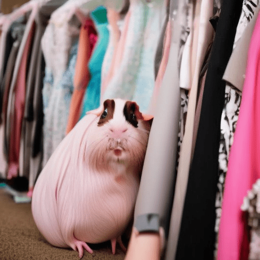 A pink guinea pig picking a gala outfit from a wardrobe full of sharks