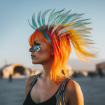 woman in neon hair at burning man futuristic architecture