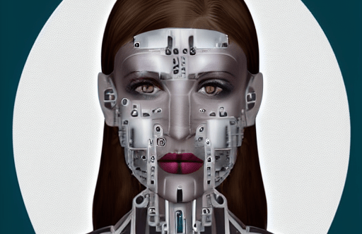 AI female robot face cyborg metal details