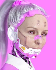 Cyberpunk neon female humanoid mech