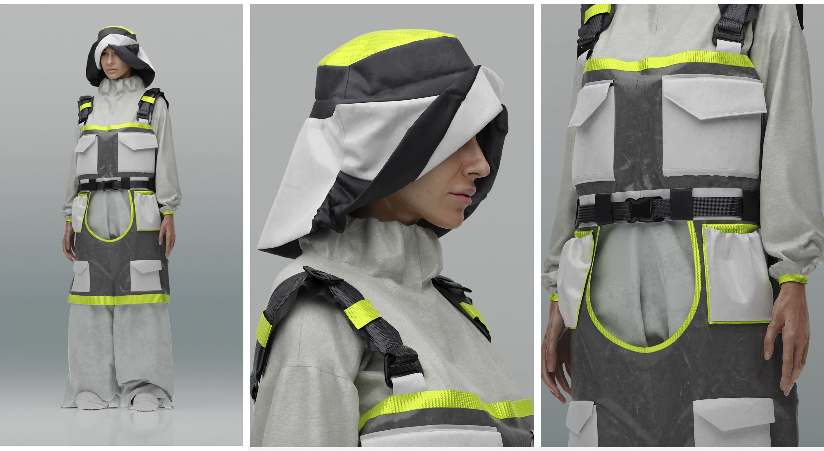 neon grey digital fashion outfits, female avatar, water proof clothing, Romanian fashion 