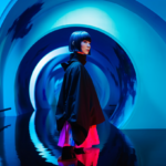 Blue tunnel with water, future telling oracle, short bob haircut with bangs, asian woman, pink neon skirt