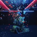 AI fortune teller, AI oracle, AI prediction bot, LED lights in the roof, blue short haircut, futuristic scene, kimono