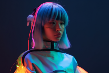 neon woman fashion AI outfit, bangs, blue hair, text to video
