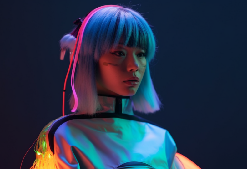 neon woman fashion AI outfit, bangs, blue hair, text to video