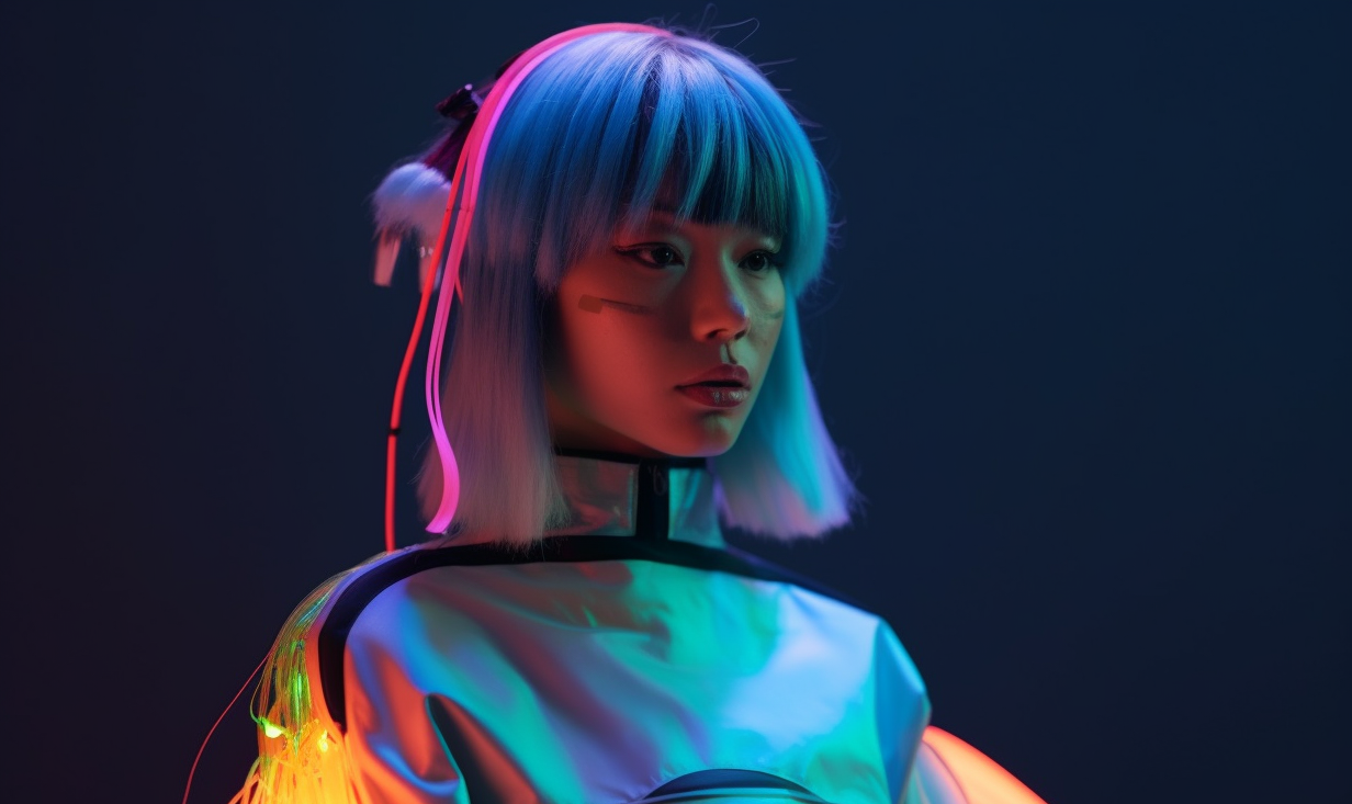 neon woman fashion AI outfit, bangs, blue hair, text to video