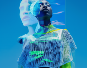 blue and neon, AI generated, black woman, hologram of a face, 3D knitting, experts in CGI, fashion, games and XR