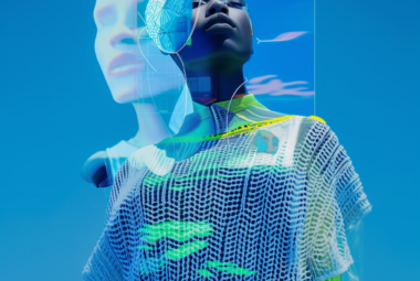 blue and neon, AI generated, black woman, hologram of a face, 3D knitting, experts in CGI, fashion, games and XR