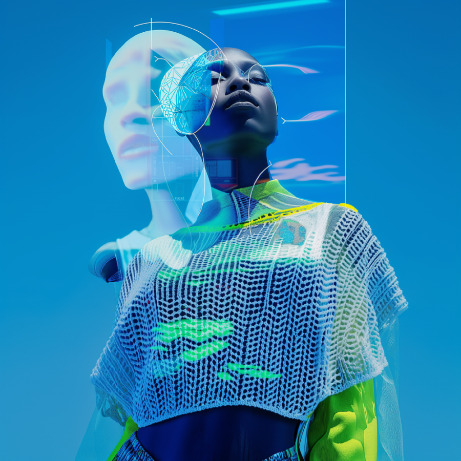 blue and neon, AI generated, black woman, hologram of a face, 3D knitting, experts in CGI, fashion, games and XR