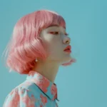 girl with pink hair and freckles, red lipstick blue sky