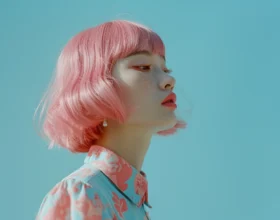 girl with pink hair and freckles, red lipstick blue sky