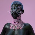 black woman with pink neckpiece and organic shape on her head on pink background, 3d AI art style