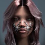 female 3D avatar with metal face pieces on pink background