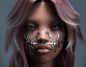 female 3D avatar with metal face pieces on pink background