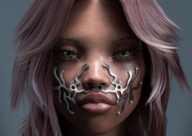 female 3D avatar with metal face pieces on pink background