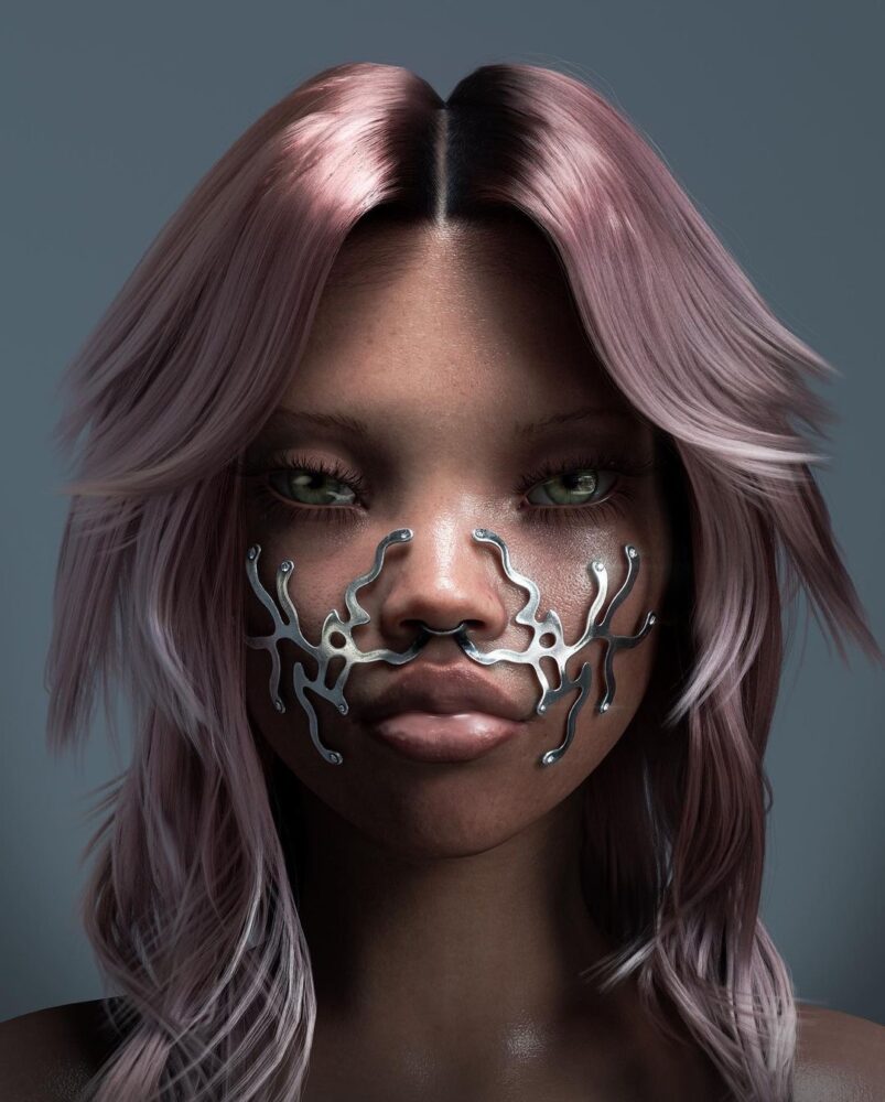 female 3D avatar with metal face pieces on pink background