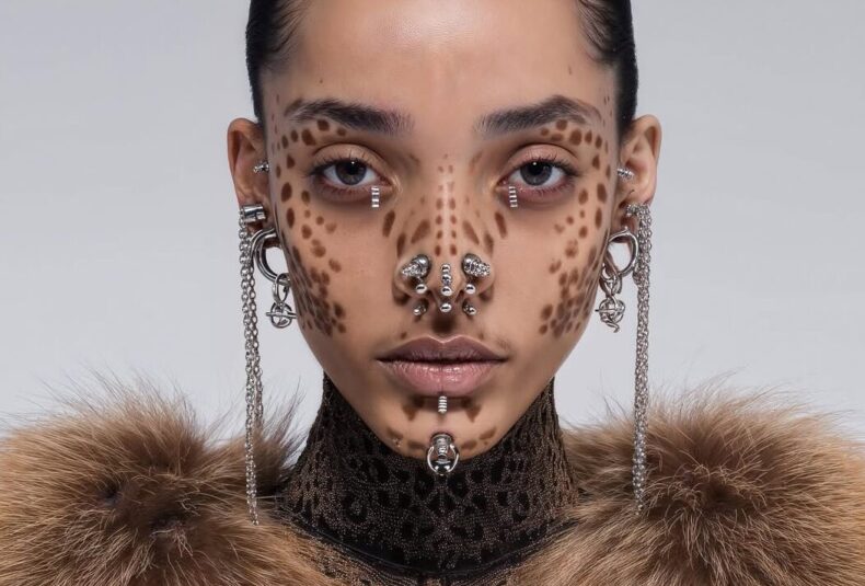 Portrait of female middle eastern AI model with silver piercings in nose area, ears and chin. Face covered by brown animal pattern face paint. Fur coat. AI fashion editorial.