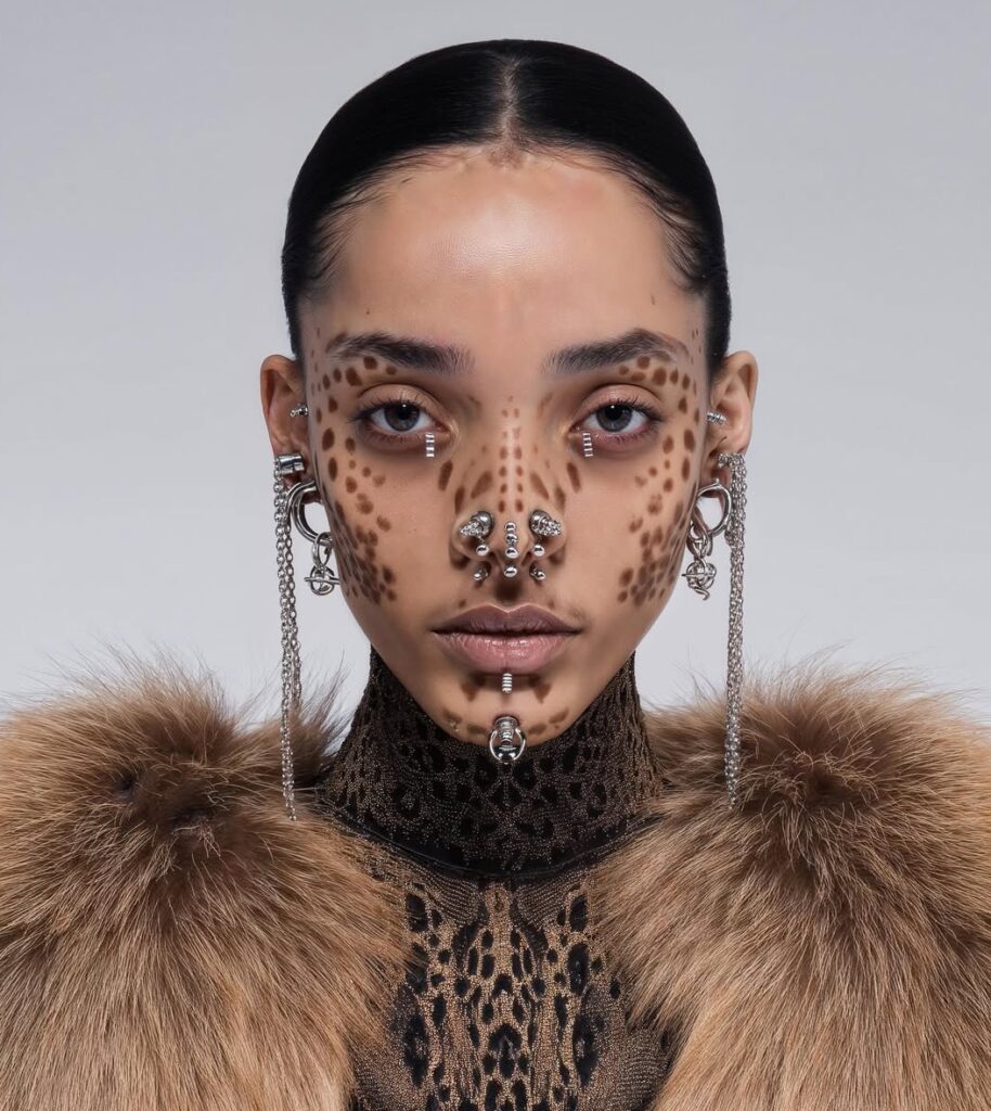 Portrait of female middle eastern AI model with silver piercings in nose area, ears and chin. Face covered by brown animal pattern face paint. Fur coat. AI fashion editorial.