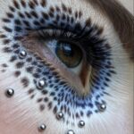 Hazel eye with animal pattern fur strands going out from the eye. Metal pearls under the lower part of the eye. AI fashion style
