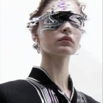 glitched reality ai design, female model portrait with metal swirl