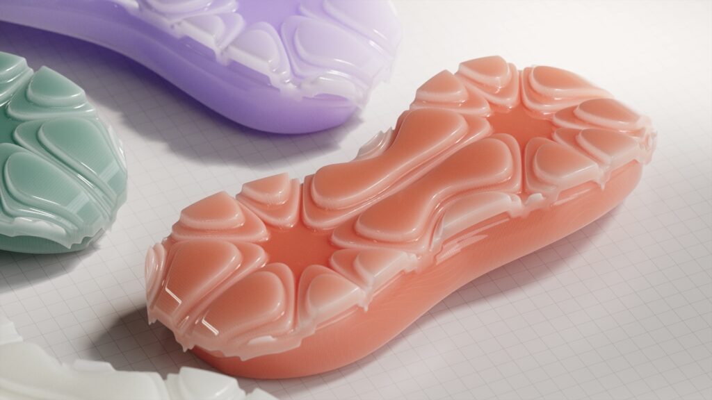 Colorful sole designs, orange purple and green footwear